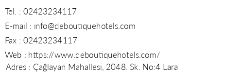 De Boutique Hotel telefon numaralar, faks, e-mail, posta adresi ve iletiim bilgileri